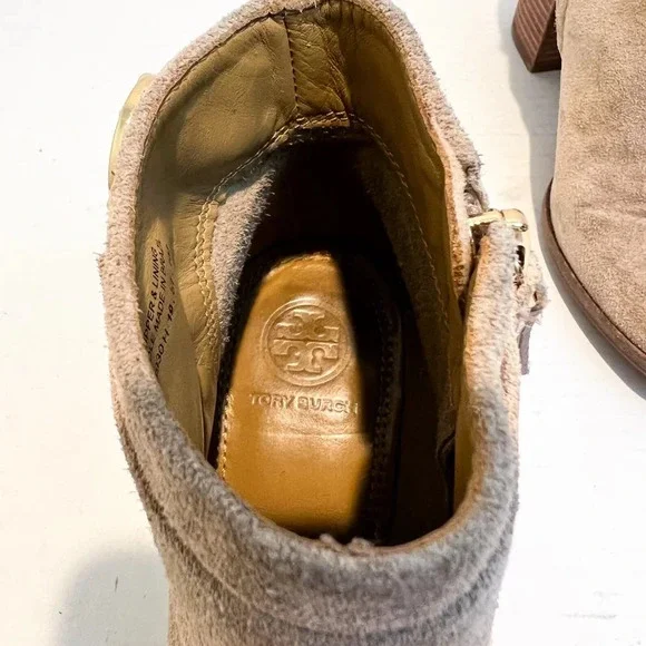 Tory Burch Sophia Tan Suede Block Heel Designer Bohemian Logo Booties 6 WORN - Picture 11 of 12